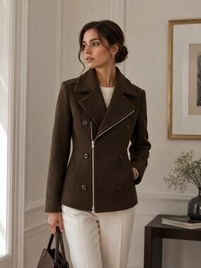 Zucca double breasted wool peacoat asymmetric full zip closure Brown SM  Japan